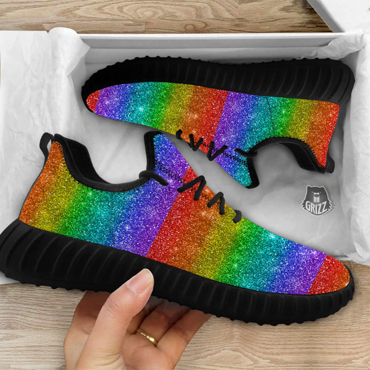 Glitter Rainbow Print Pattern Black Walking Shoes-grizzshop
