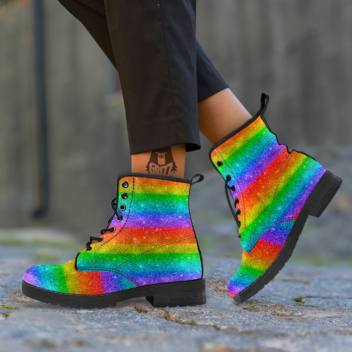 Glitter Rainbow Print Pattern Leather Boots-grizzshop