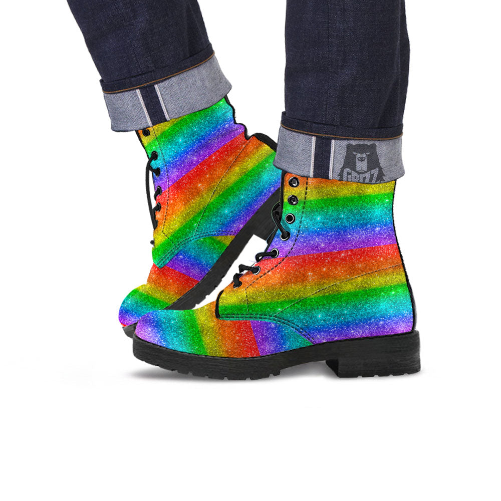 Glitter Rainbow Print Pattern Leather Boots-grizzshop
