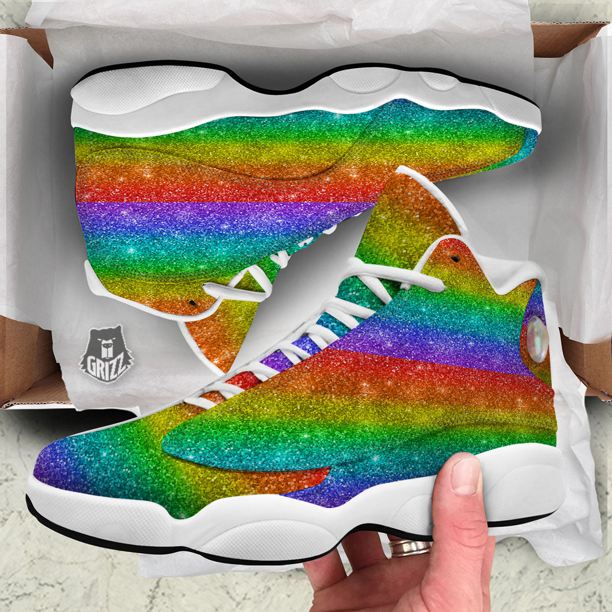 Glitter Rainbow Print Pattern White Basketball Shoes-grizzshop