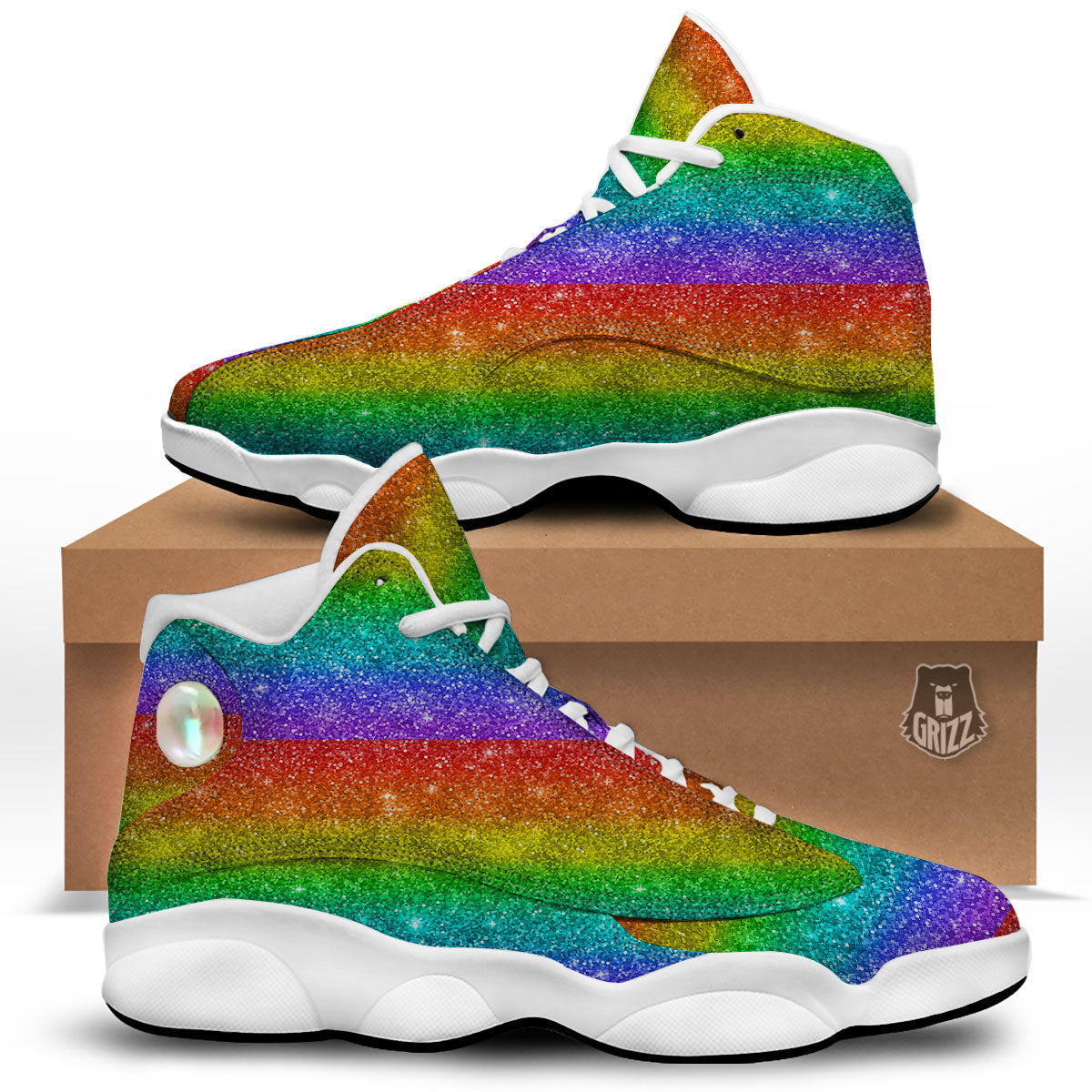 Glitter Rainbow Print Pattern White Basketball Shoes-grizzshop