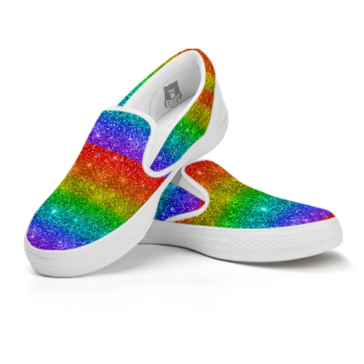 Glitter Rainbow Print Pattern White Slip On Shoes-grizzshop
