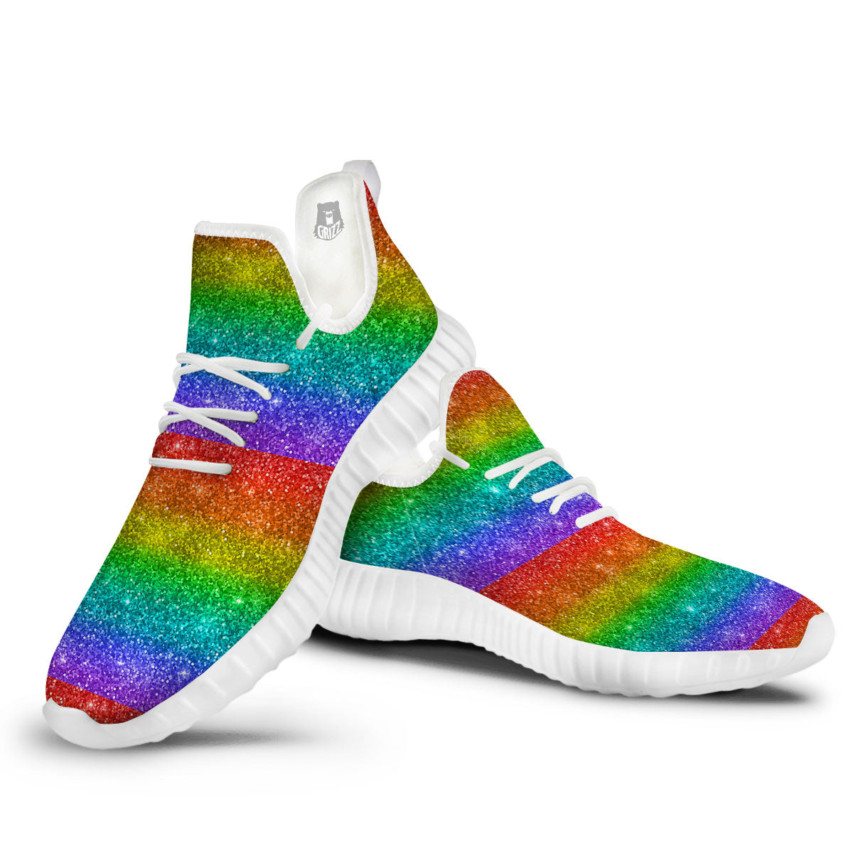 Glitter Rainbow Print Pattern White Walking Shoes-grizzshop