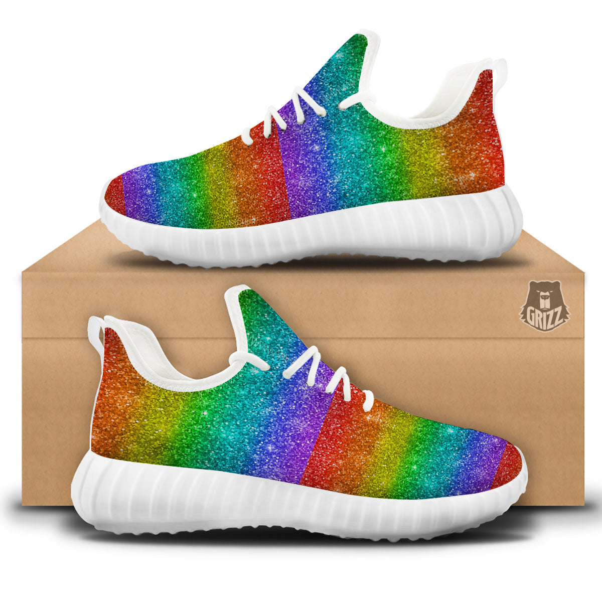 Glitter Rainbow Print Pattern White Walking Shoes-grizzshop