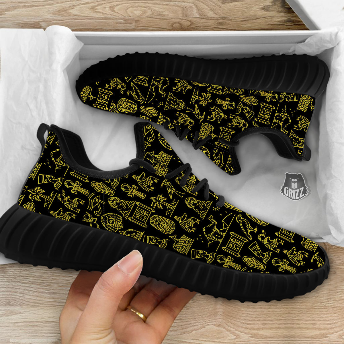 Glod Ancient Egyptian Print Pattern Black Walking Shoes-grizzshop