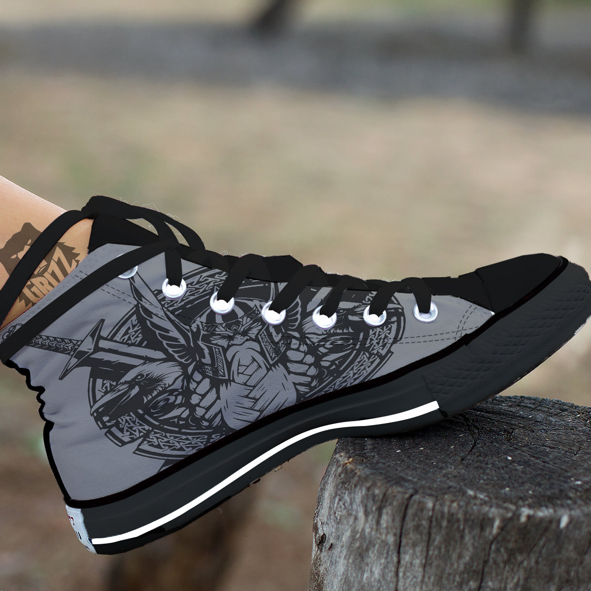 God Odin Grey Color Print Black High Top Shoes-grizzshop
