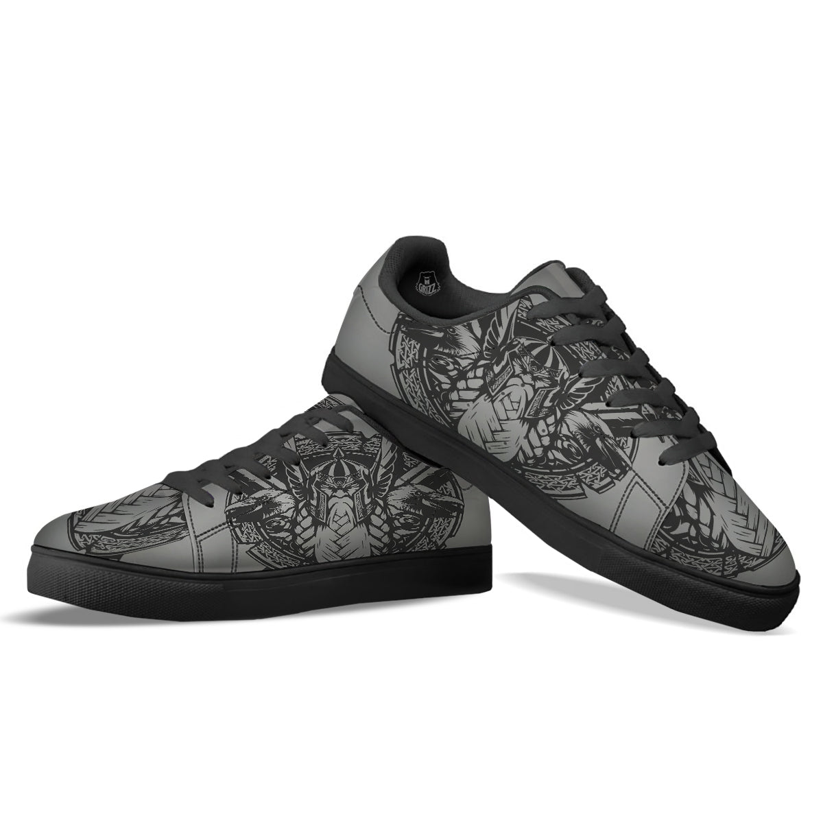 God Odin Grey Color Print Black Low Top Sneakers-grizzshop