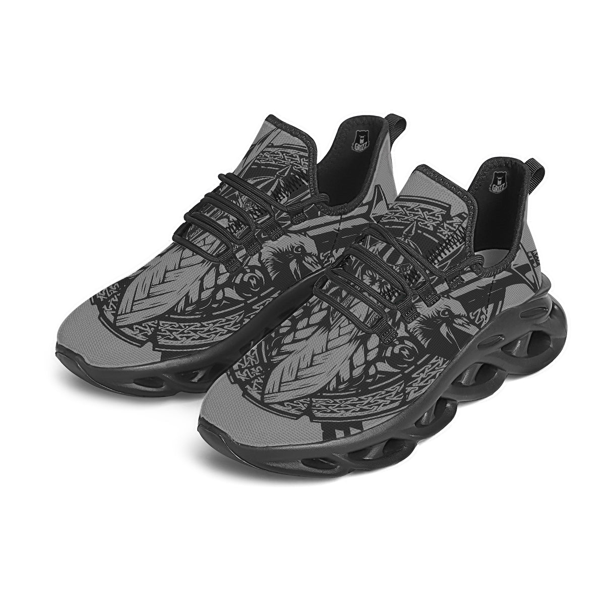 God Odin Grey Color Print Black Running Shoes-grizzshop