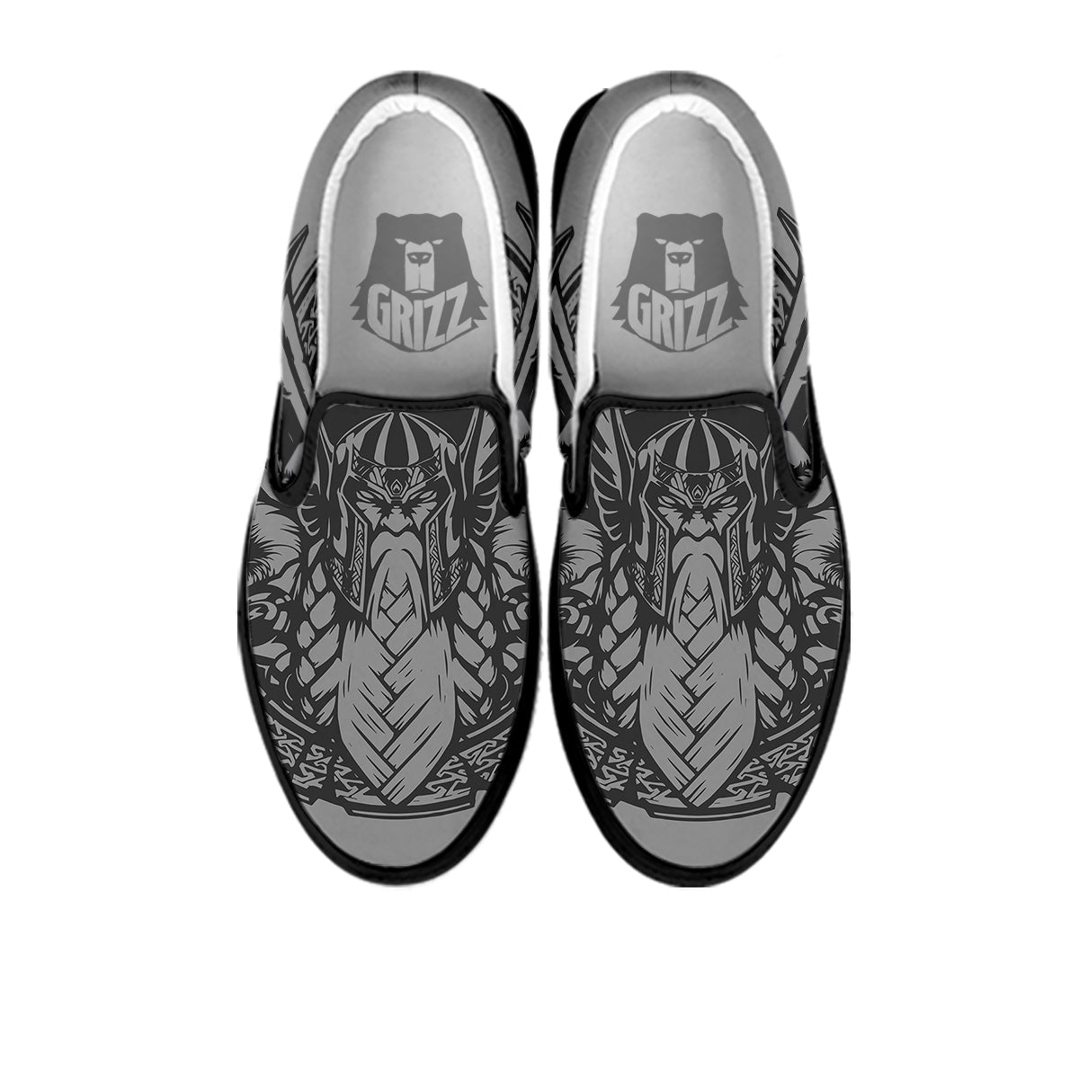 God Odin Grey Color Print Black Slip On Shoes-grizzshop