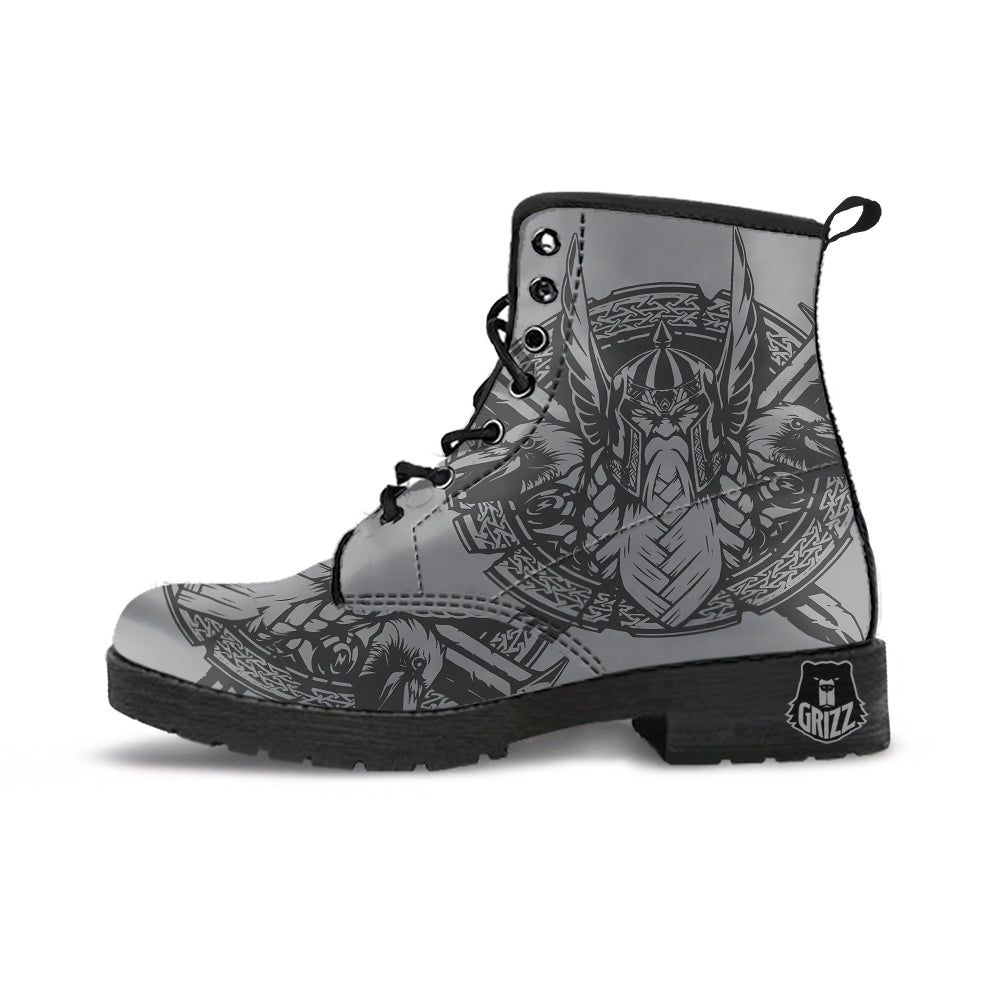 God Odin Grey Color Print Leather Boots-grizzshop