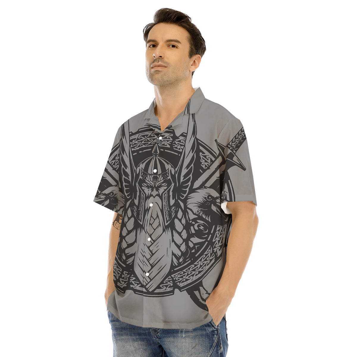 God Odin Grey Color Print Men's Hawaiian Shirt-grizzshop
