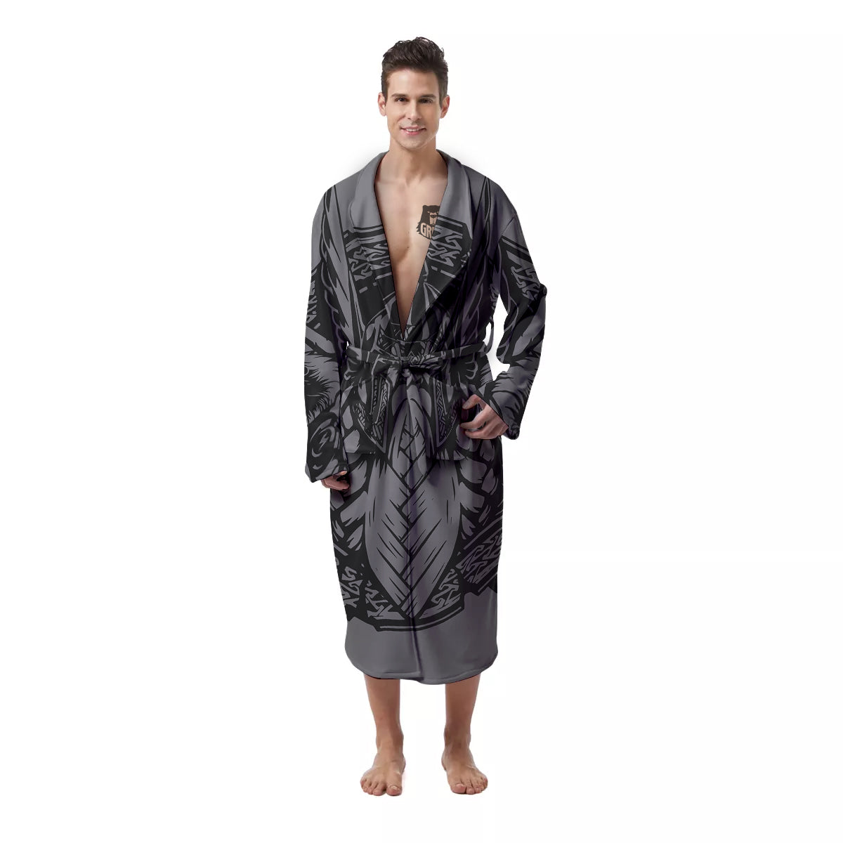 God Odin Grey Color Print Men's Robe-grizzshop