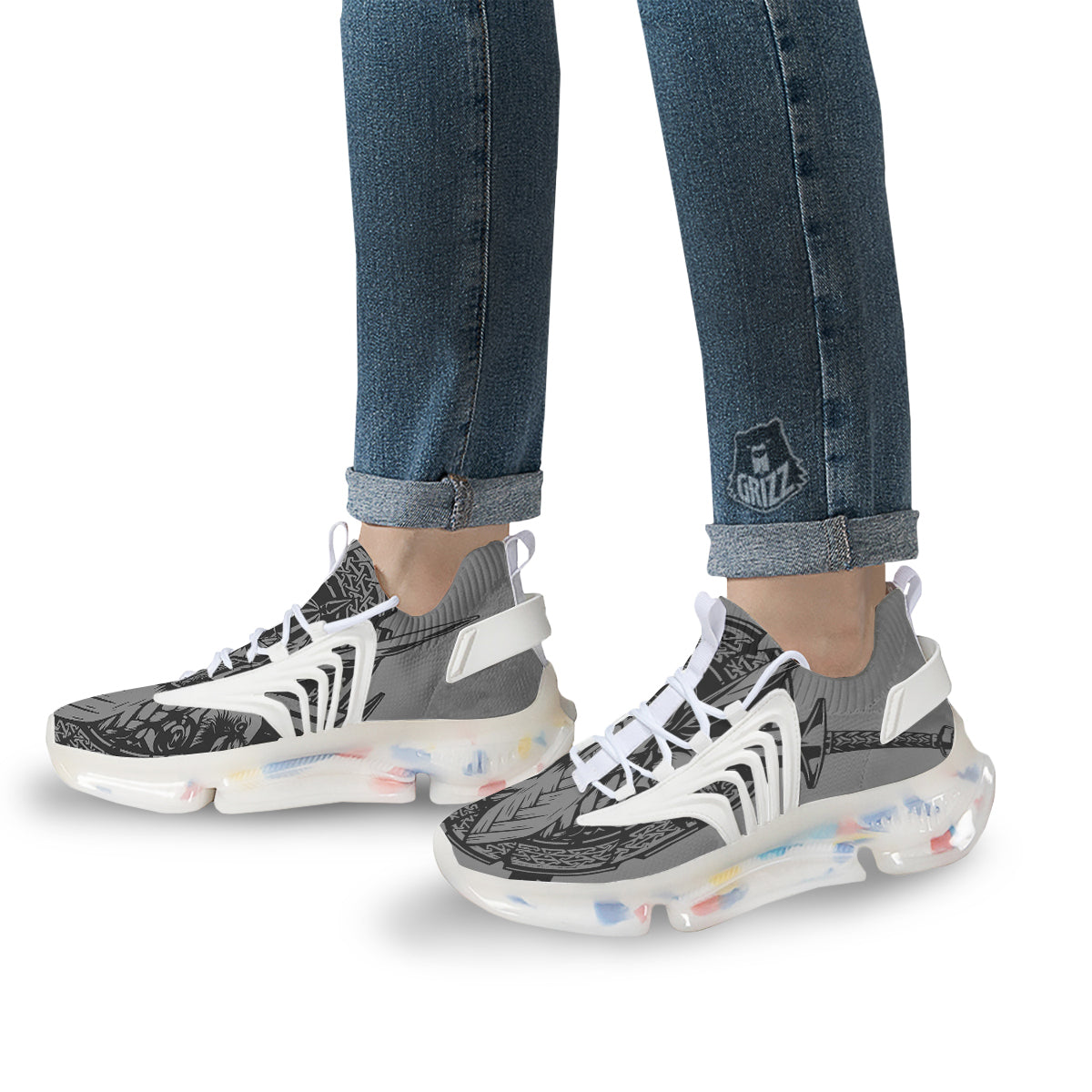 God Odin Grey Color Print White Gym Shoes-grizzshop