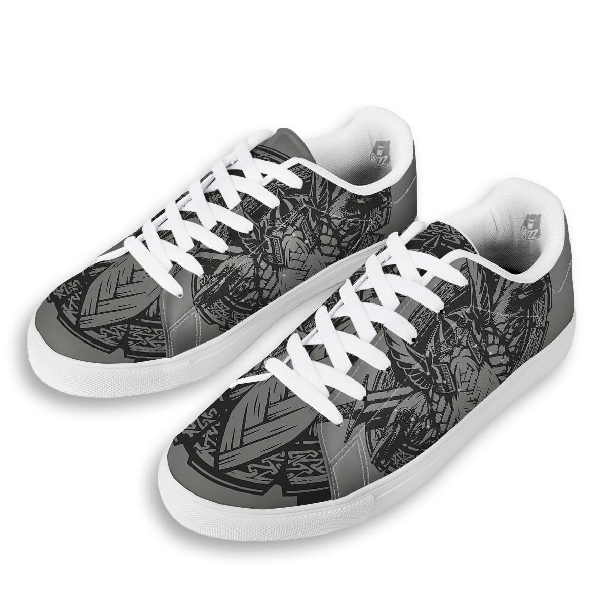God Odin Grey Color Print White Low Top Sneakers-grizzshop
