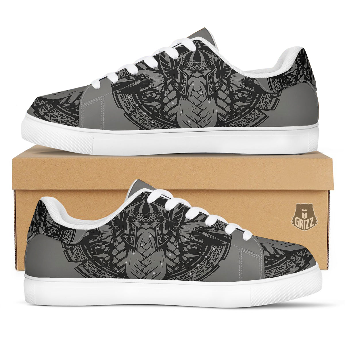 God Odin Grey Color Print White Low Top Sneakers-grizzshop