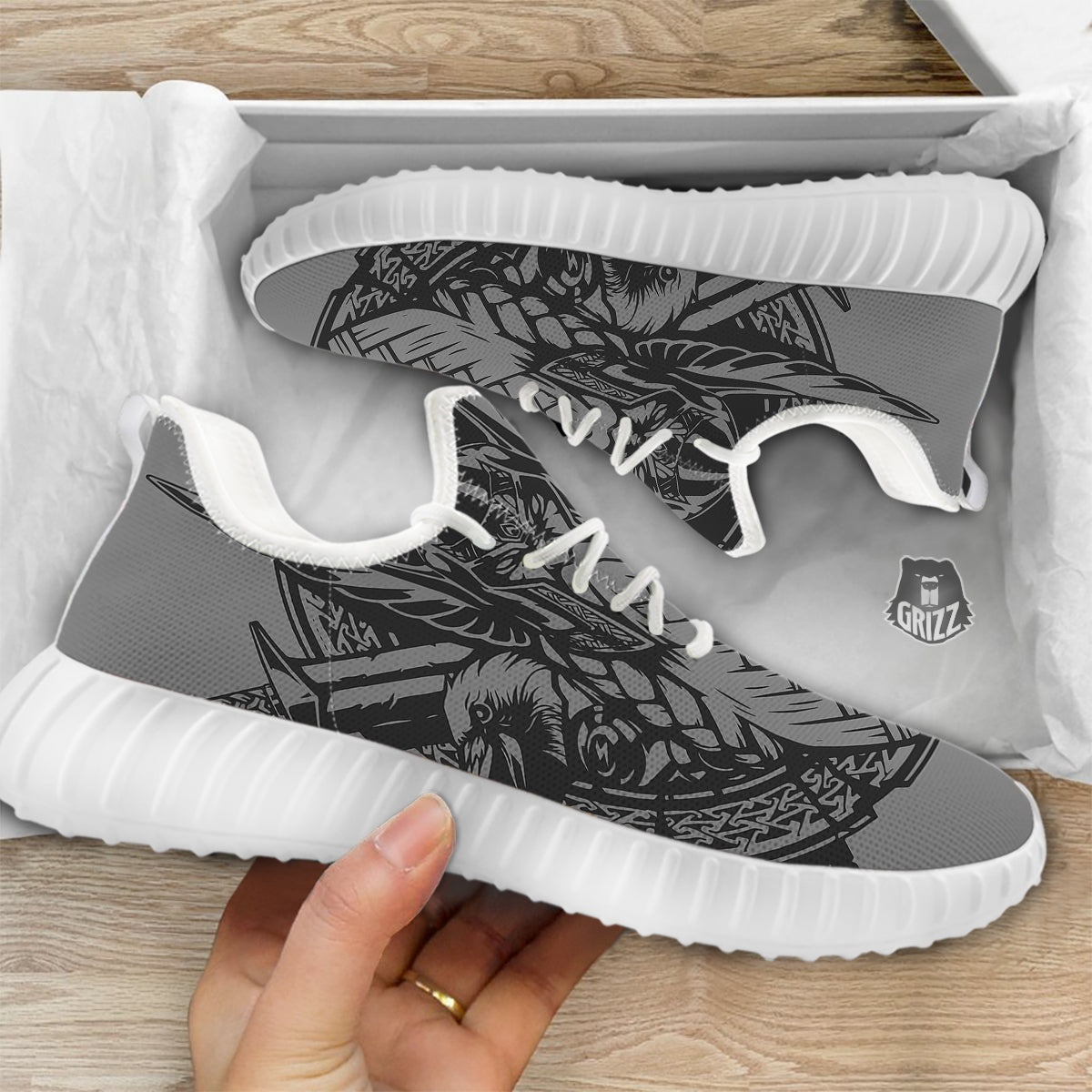 God Odin Grey Color Print White Walking Shoes-grizzshop