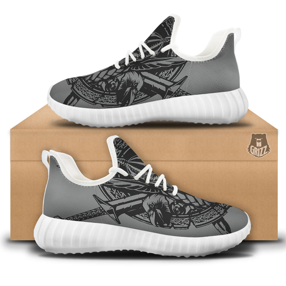 God Odin Grey Color Print White Walking Shoes-grizzshop