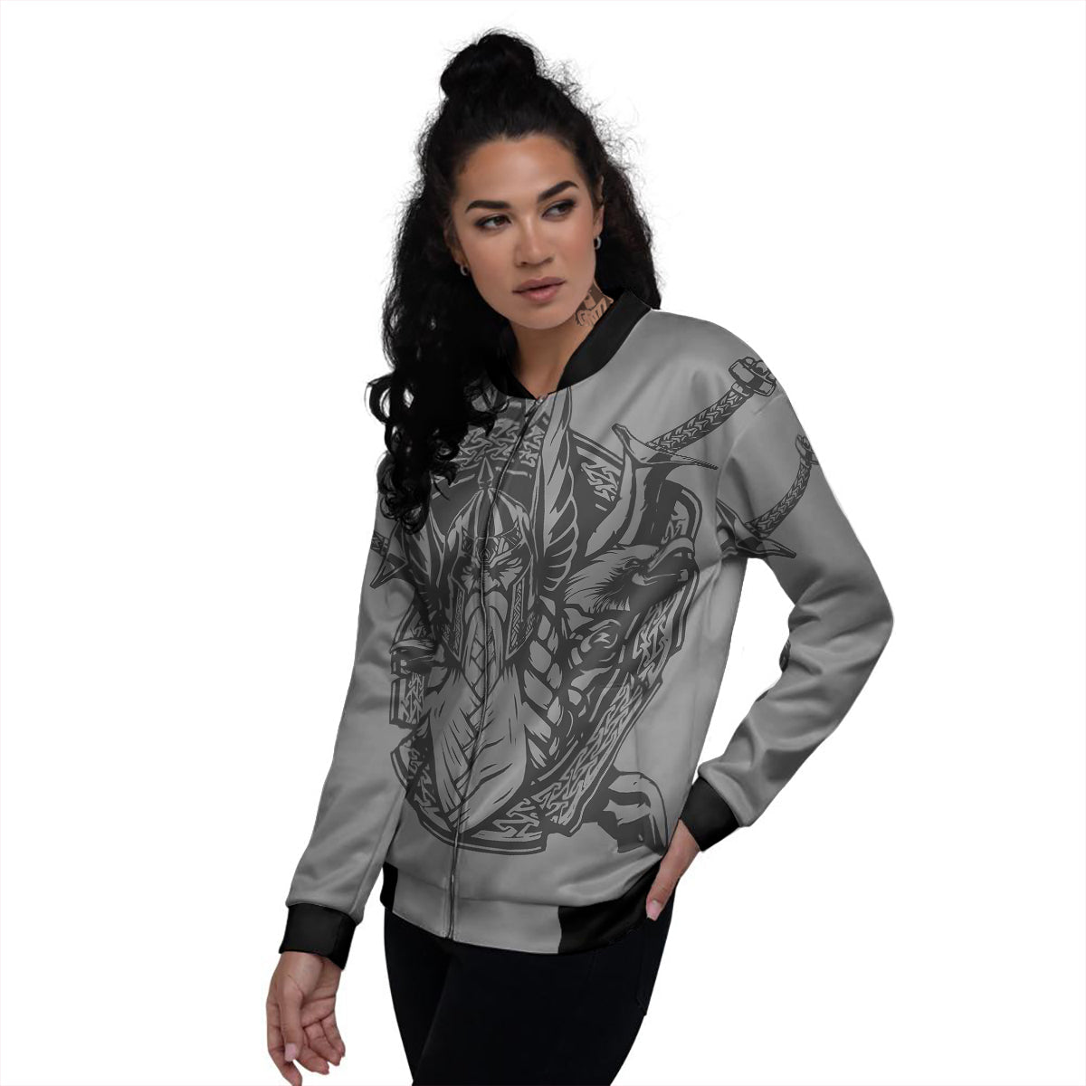 God Odin Grey Color Print Women's Bomber Jacket-grizzshop