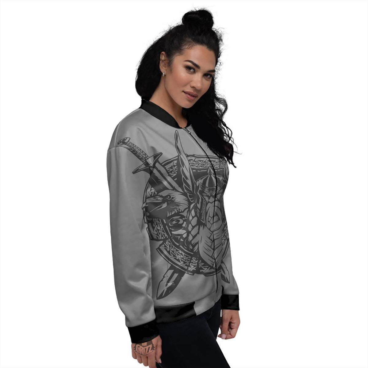 God Odin Grey Color Print Women's Bomber Jacket-grizzshop