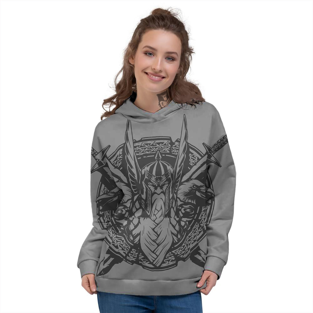 God Odin Grey Color Print Women's Hoodie-grizzshop