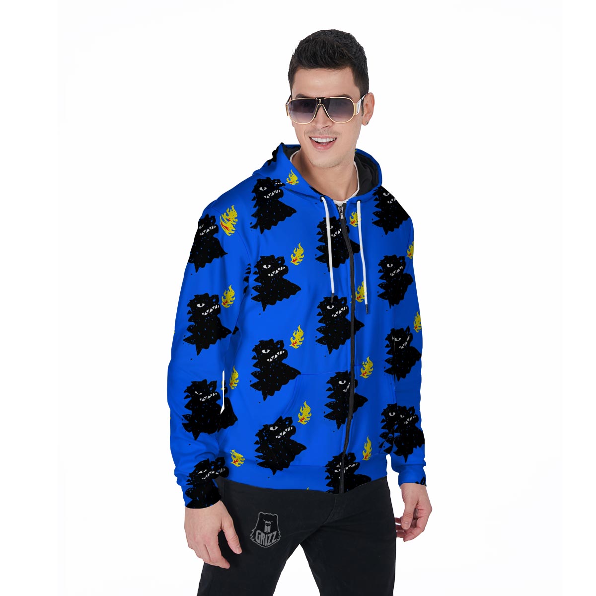 Godzilla Japanese Pattern Print Men's Zip Up Hoodie-grizzshop
