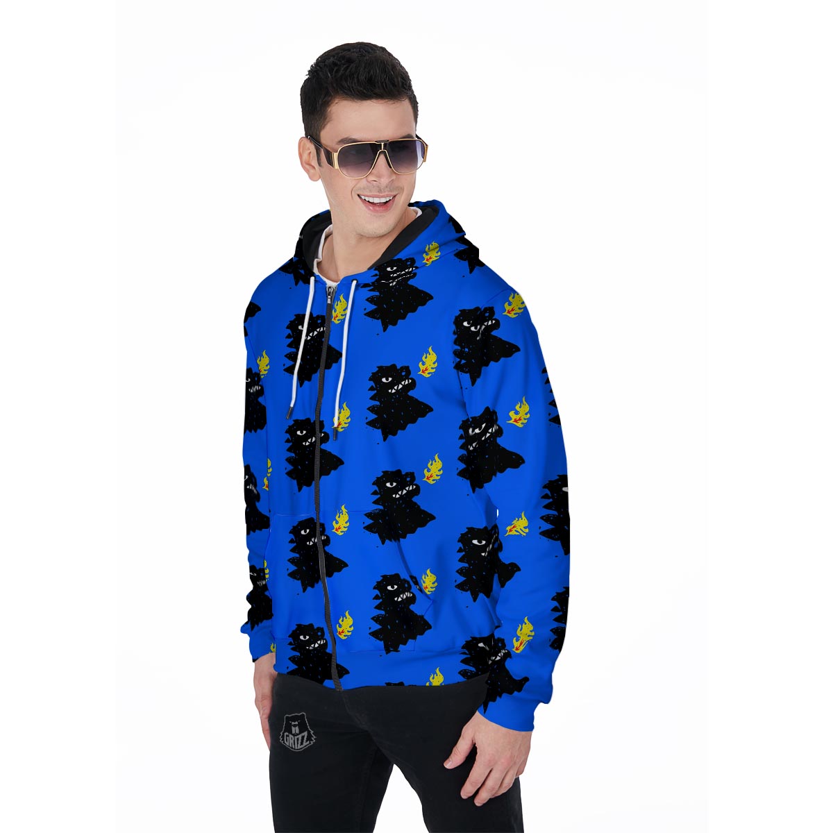 Godzilla Japanese Pattern Print Men's Zip Up Hoodie-grizzshop