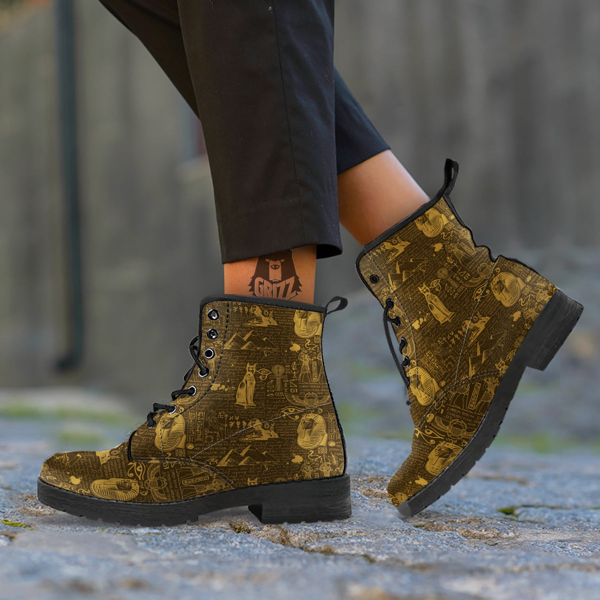 Gold Ancient Egypt Print Pattern Leather Boots-grizzshop