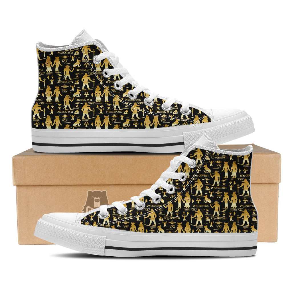 Gold And Black Egypt Ancient Mythology Print Pattern White High Top Shoes-grizzshop