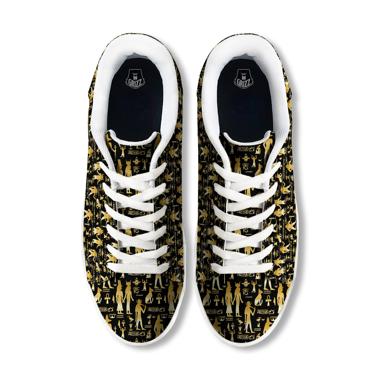 Gold And Black Egypt Ancient Mythology Print Pattern White Low Top Sneakers-grizzshop
