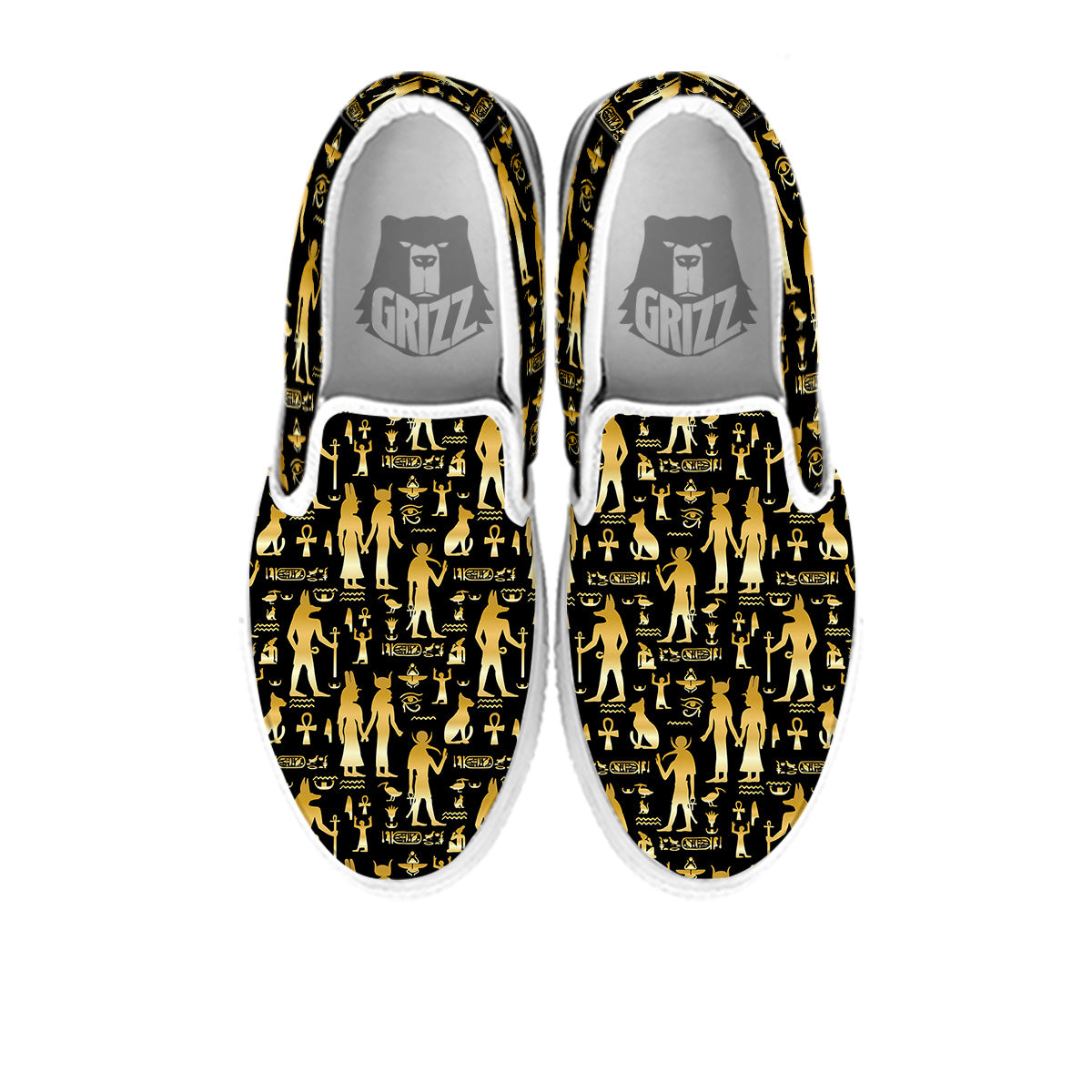 Gold And Black Egypt Ancient Mythology Print Pattern White Slip On Shoes-grizzshop