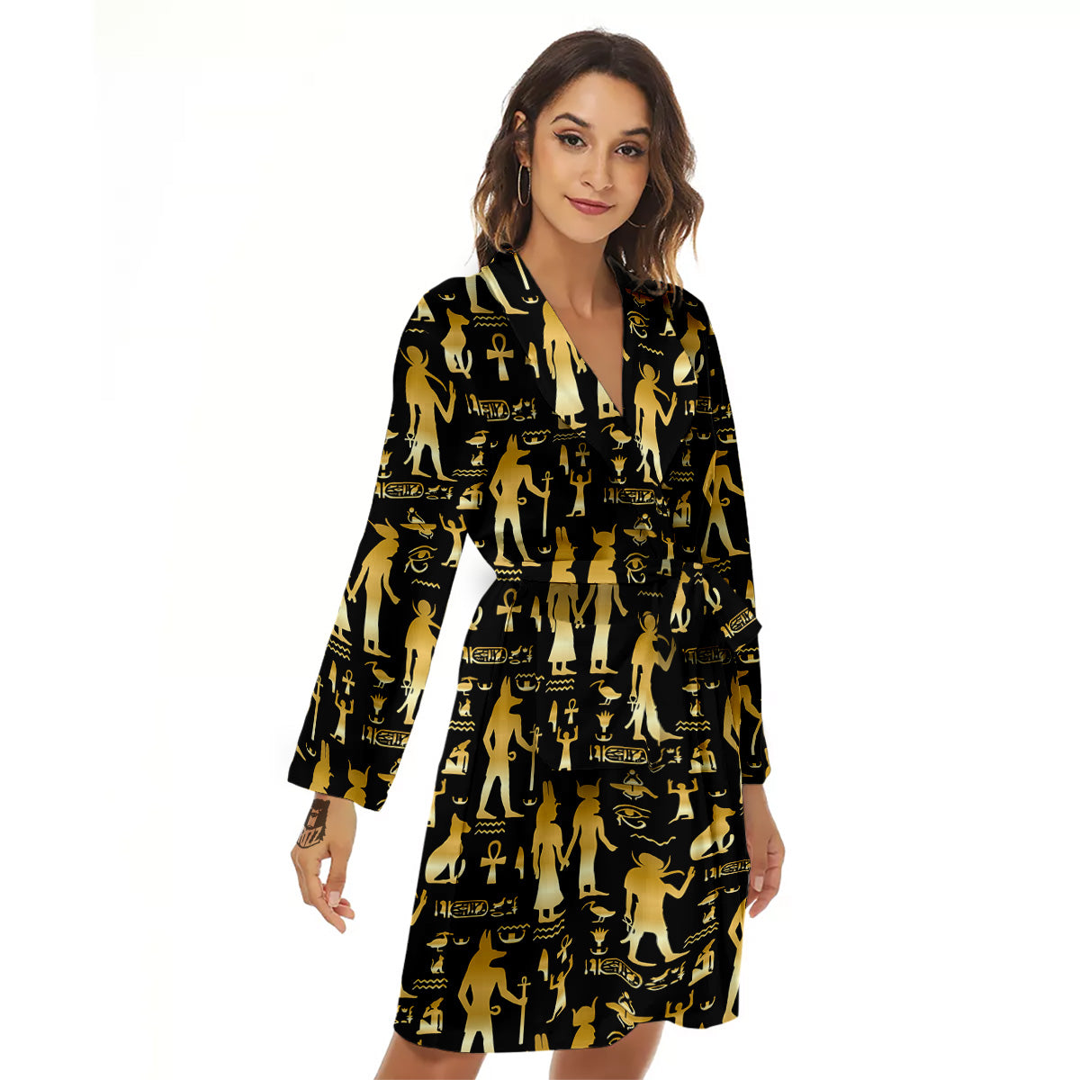 Gold And Black Egypt Ancient Mythology Print Pattern Women's Robe-grizzshop