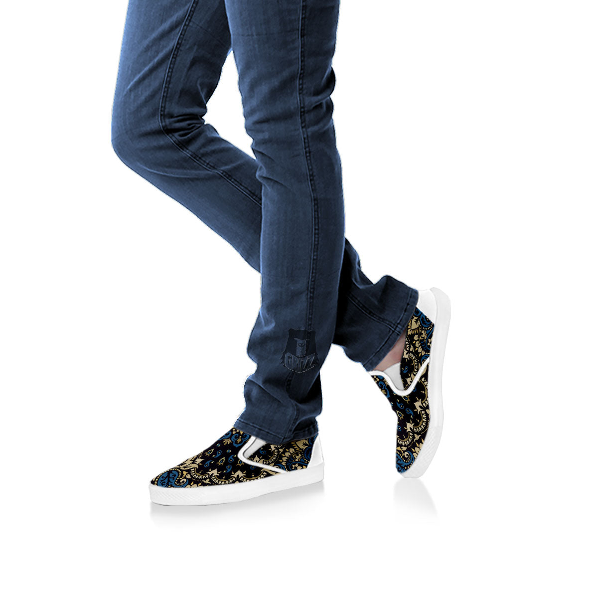 Gold Blue Paisley Bandana Print White Slip On Shoes-grizzshop