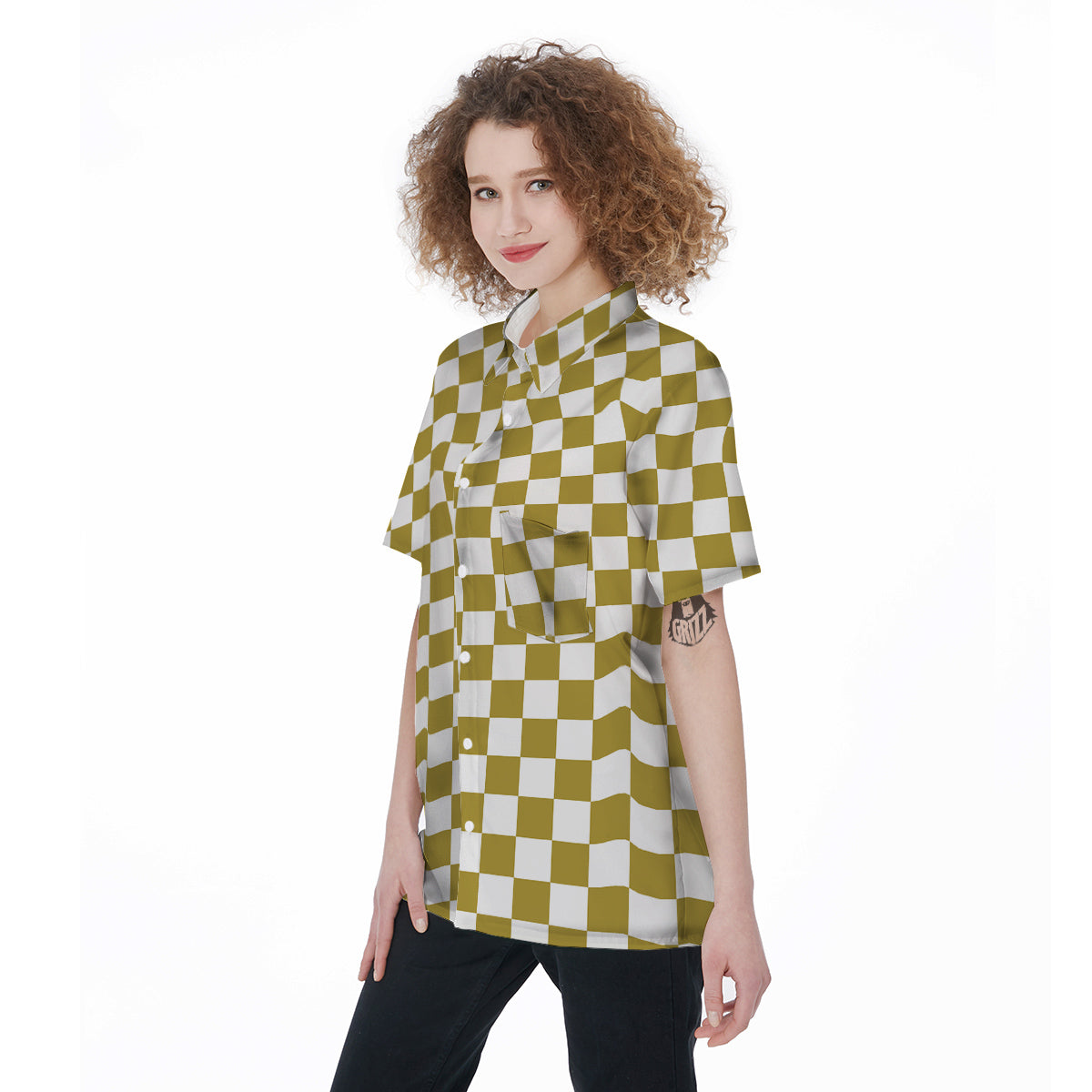 Gold Checkered Flag Print Women's Short Sleeve Shirts-grizzshop