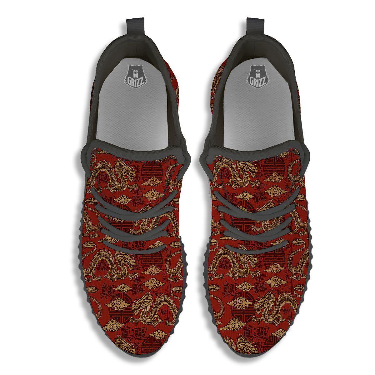 Gold Chinese Dragon Print Pattern Black Walking Shoes-grizzshop