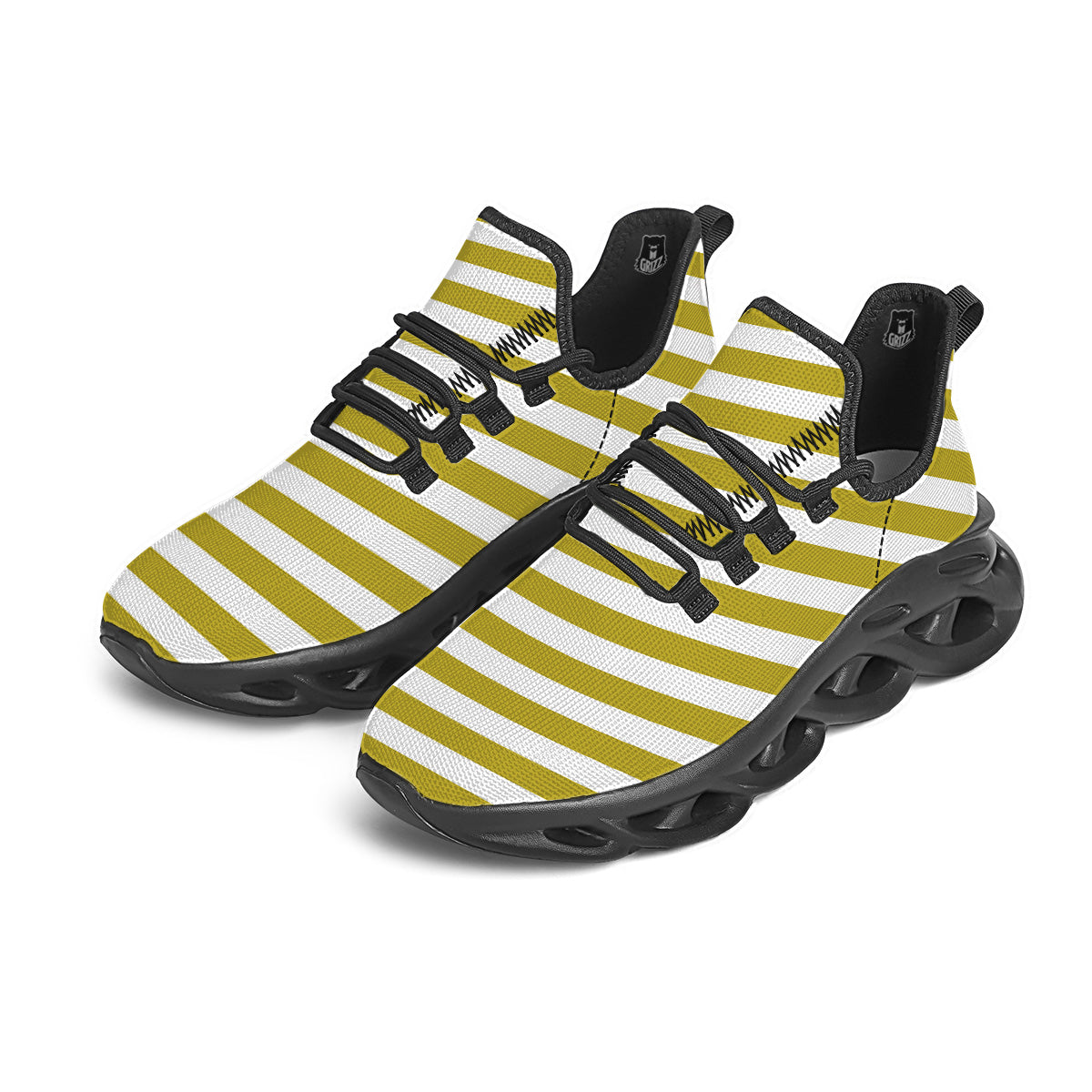 Gold Color Striped Print Black Running Shoes-grizzshop