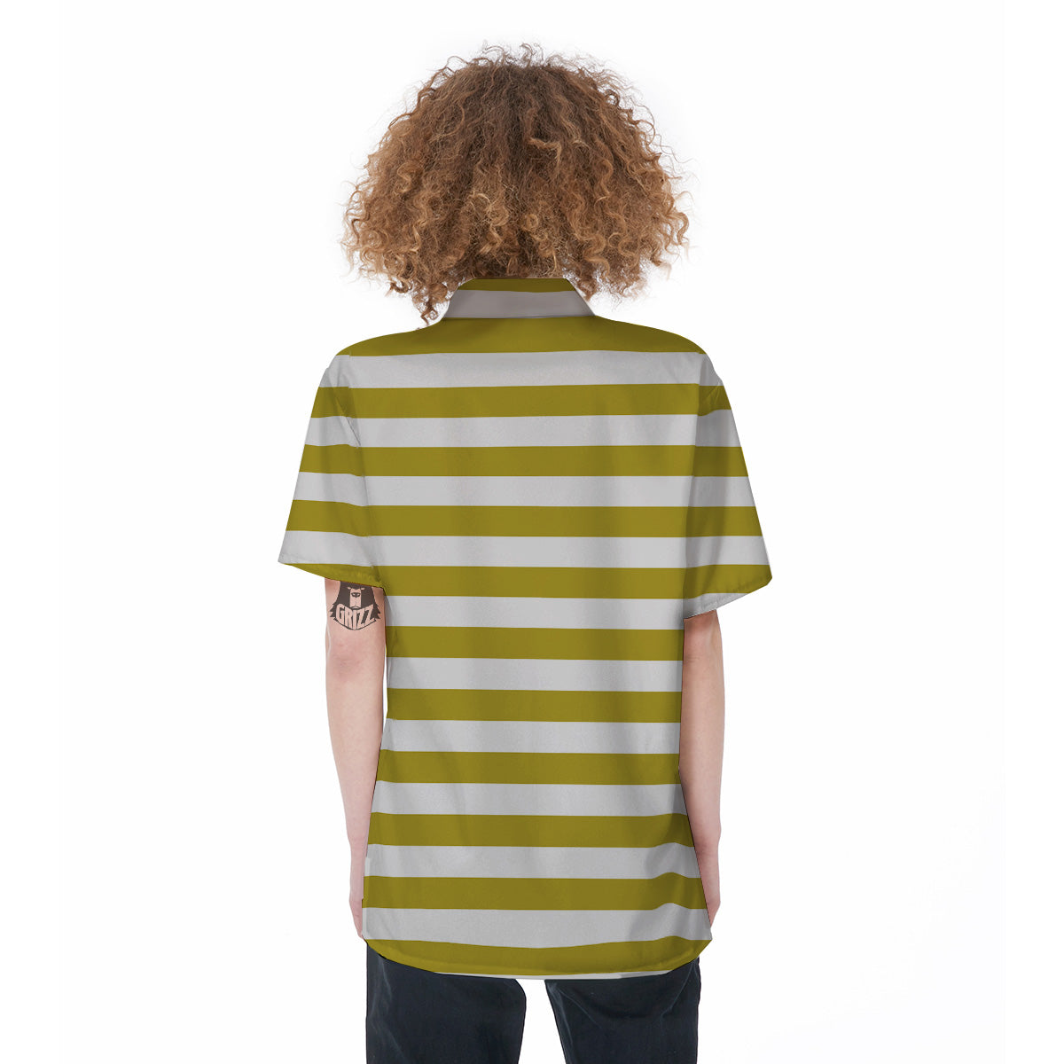 Gold Color Striped Print Women's Short Sleeve Shirts-grizzshop