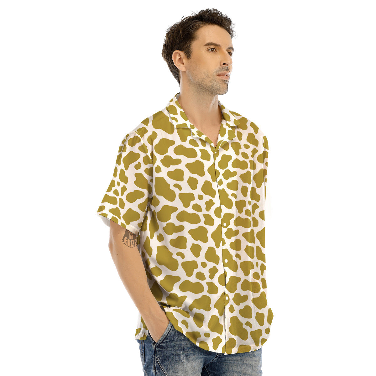 Gold Cow Print Pattern Men’s Hawaiian Shirt-grizzshop