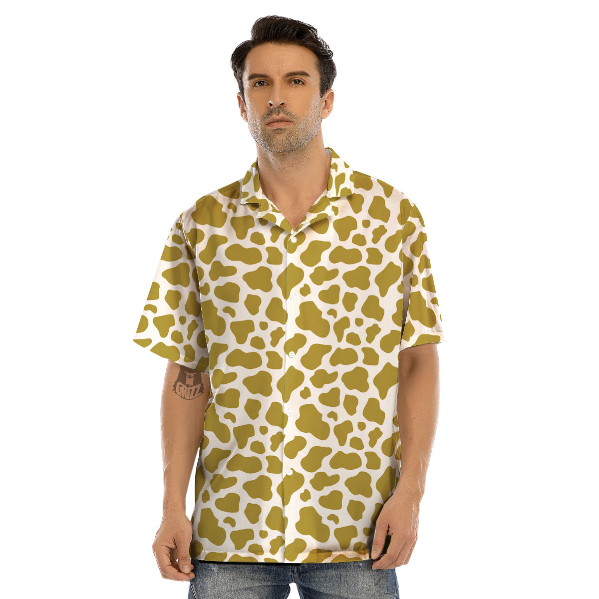 Gold Cow Print Pattern Men’s Hawaiian Shirt-grizzshop