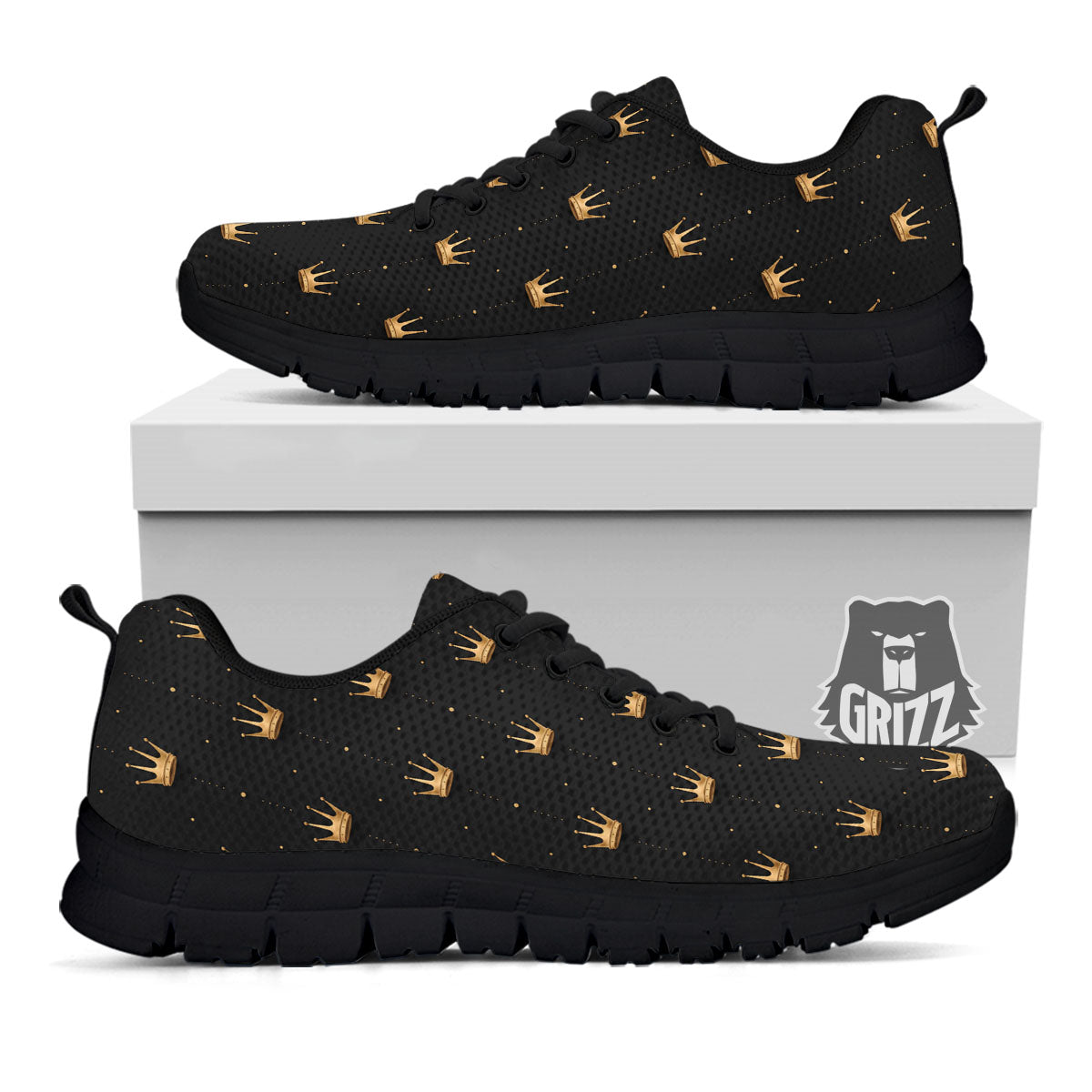 Gold Crown Print Pattern Black Sneaker-grizzshop
