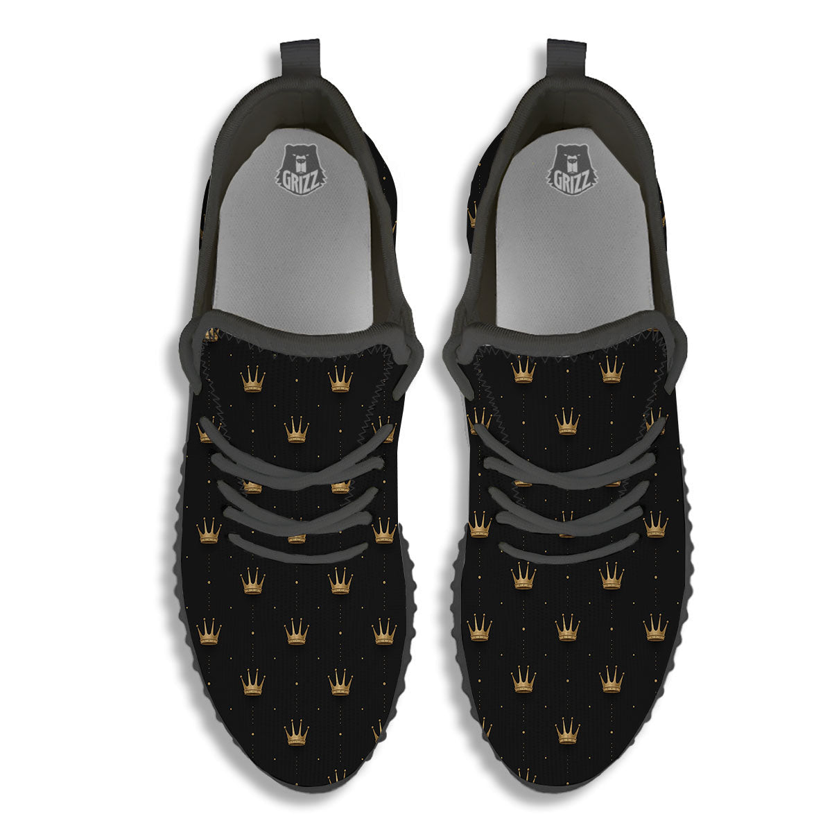 Gold Crown Print Pattern Black Walking Shoes-grizzshop