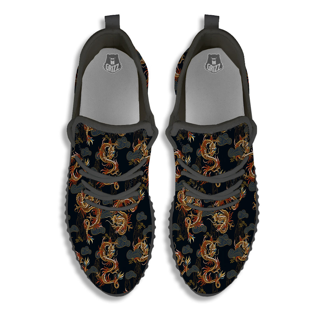 Gold Dragon Japanese Print Pattern Black Walking Shoes-grizzshop