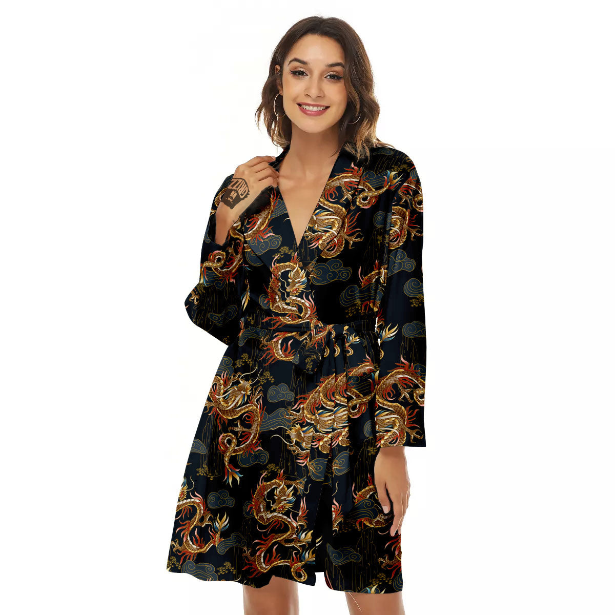 Gold Dragon Japanese Print Pattern Women's Robe-grizzshop
