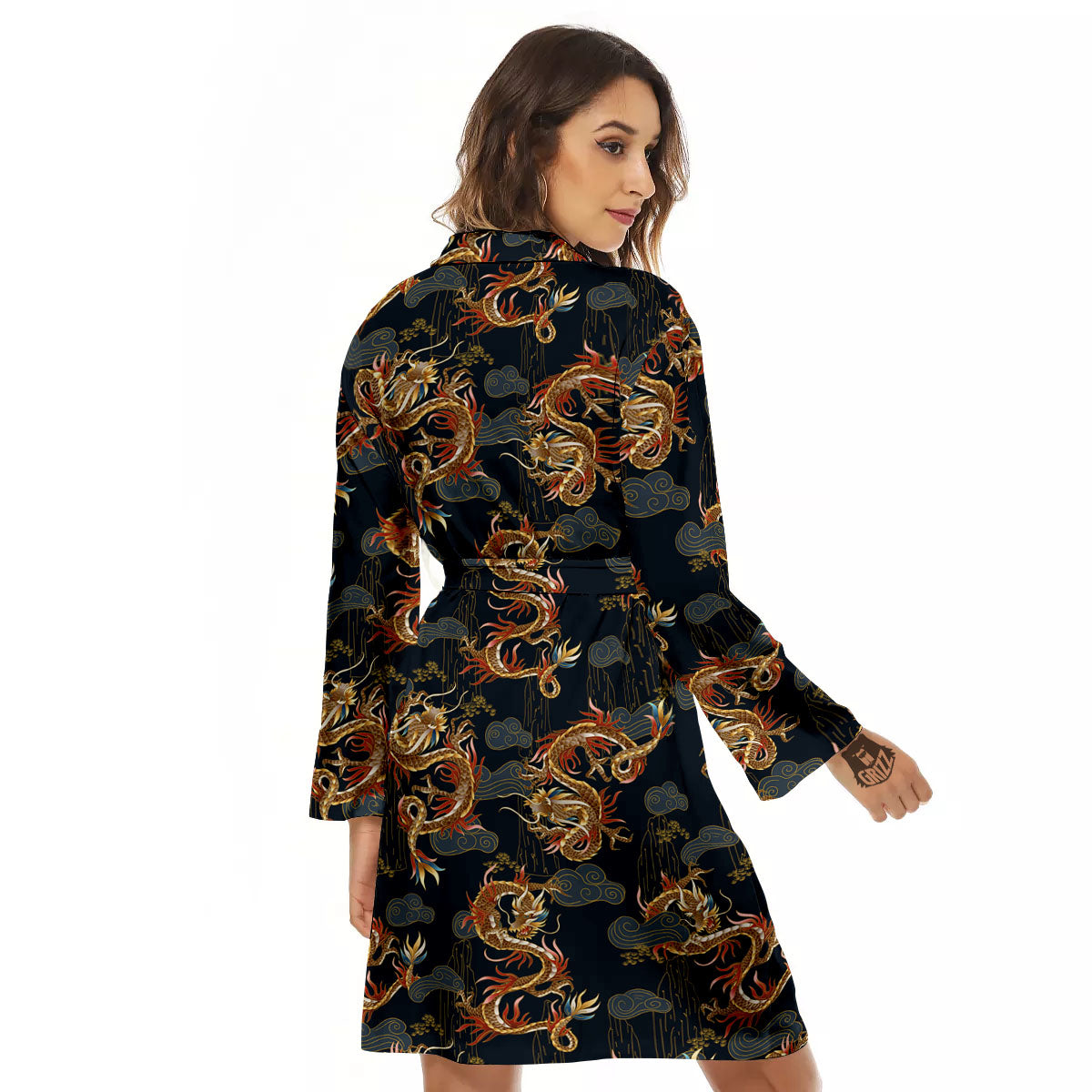 Gold Dragon Japanese Print Pattern Women's Robe-grizzshop