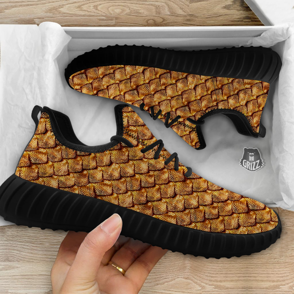 Gold Dragons Skin 3D Print Pattern Black Walking Shoes-grizzshop