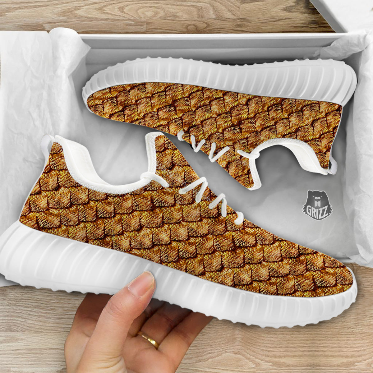 Gold Dragons Skin 3D Print Pattern White Walking Shoes-grizzshop