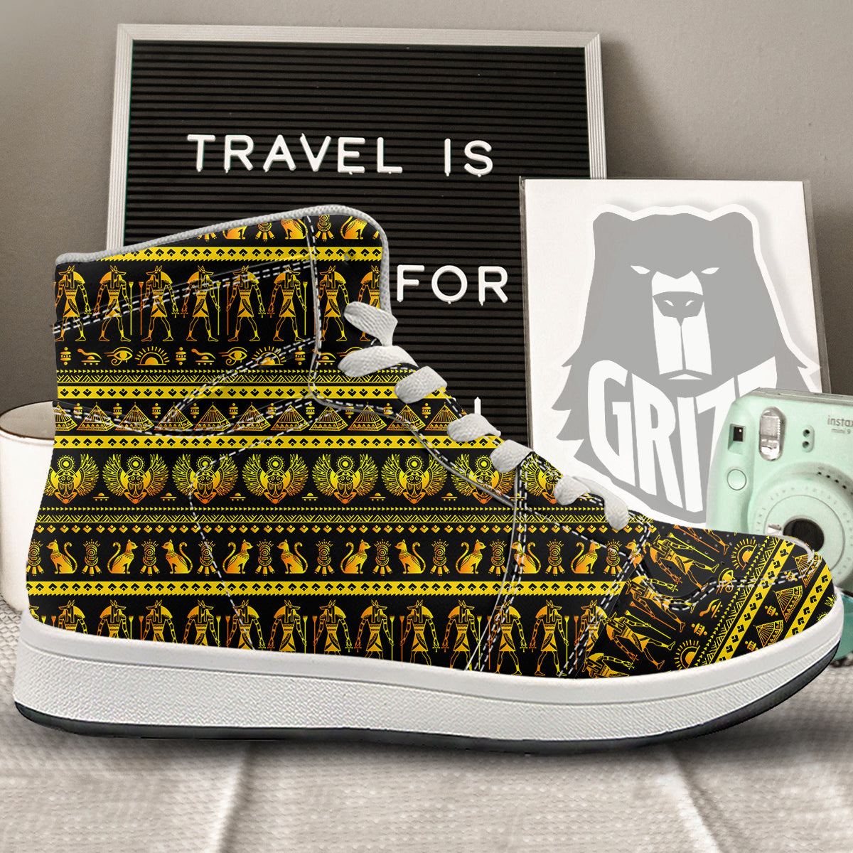 Gold Egypt Ethnic Print High Top Sneakers-grizzshop