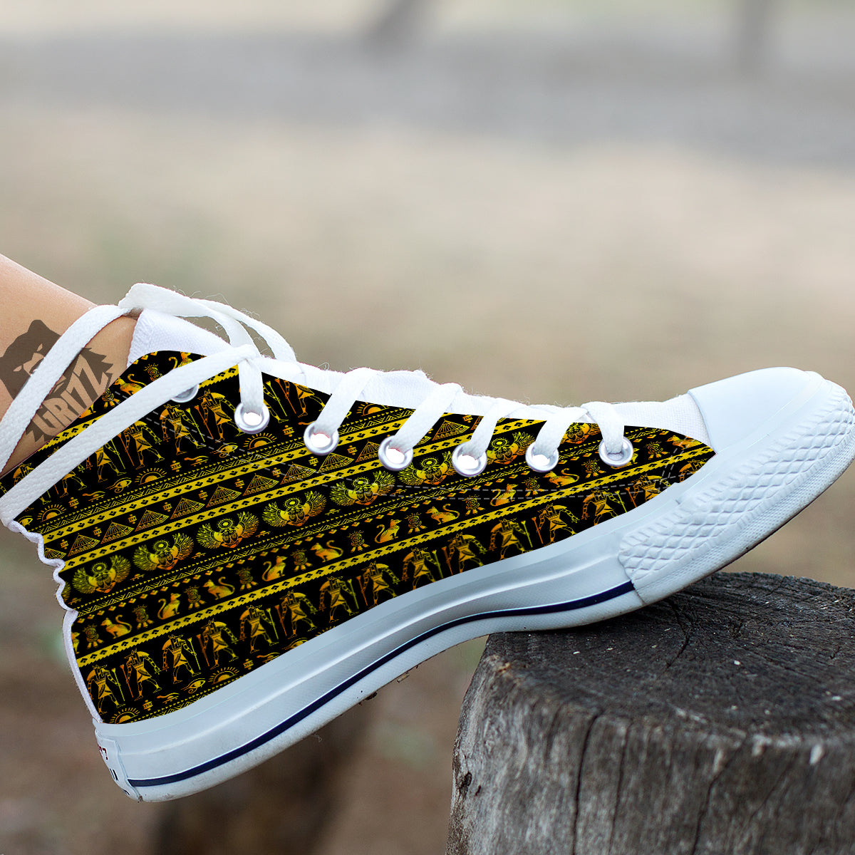 Gold Egypt Ethnic Print White High Top Shoes-grizzshop