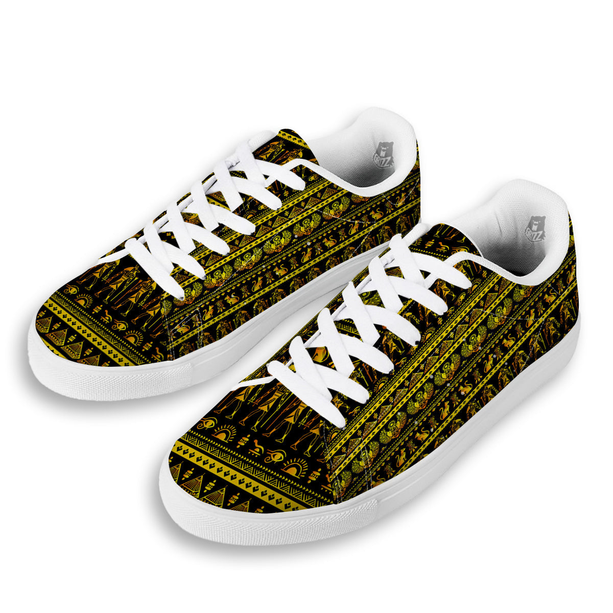 Gold Egypt Ethnic Print White Low Top Sneakers-grizzshop