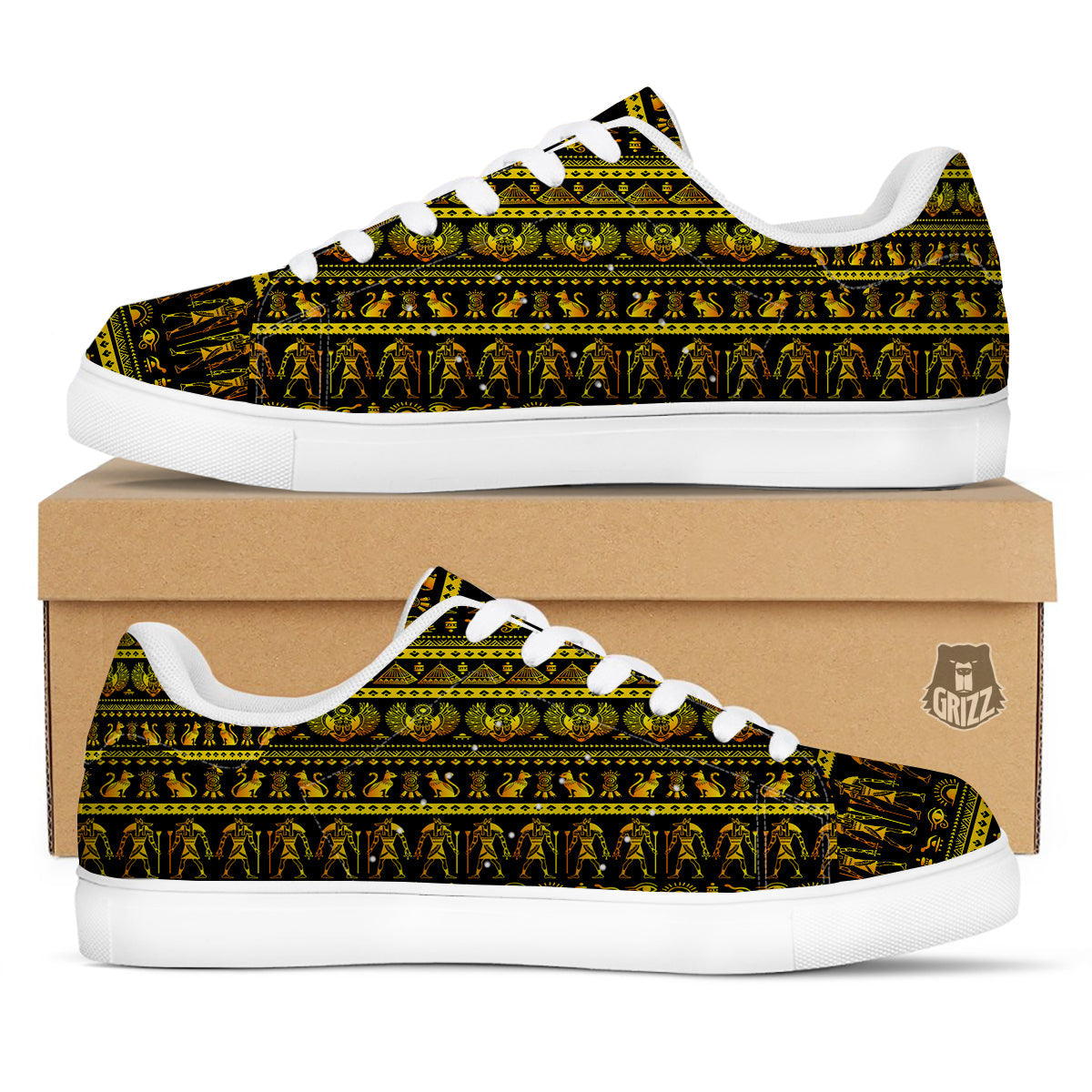 Gold Egypt Ethnic Print White Low Top Sneakers-grizzshop