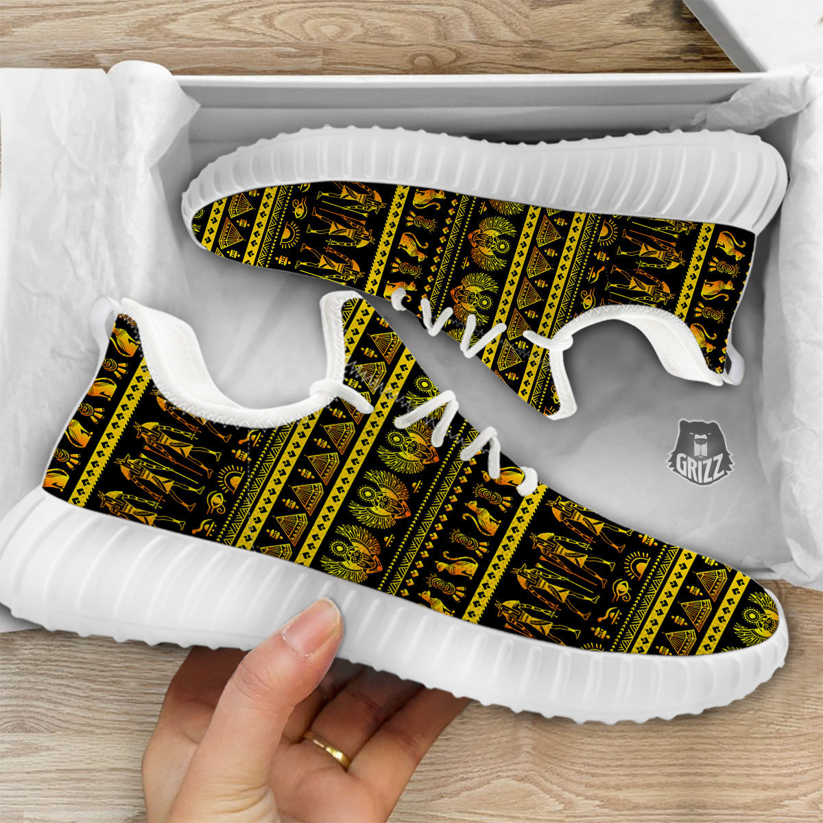Gold Egypt Ethnic Print White Walking Shoes-grizzshop